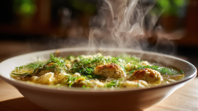 close-up of a steaming bowl of matz