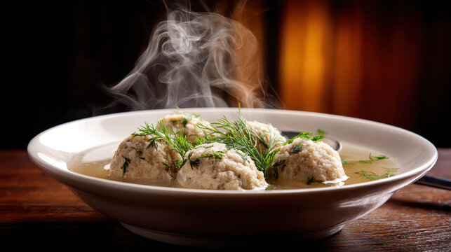 close-up of a steaming bowl of matz