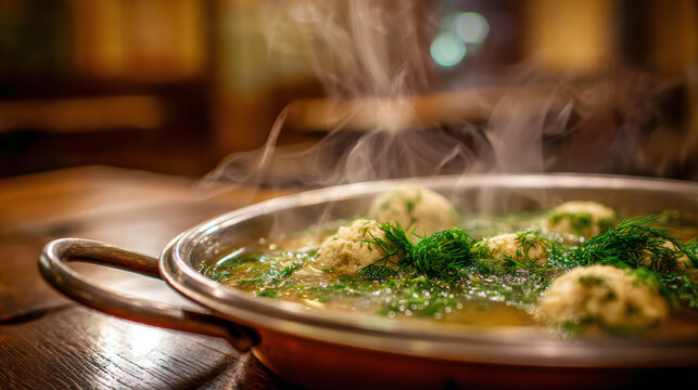 close-up of a steaming bowl of matz