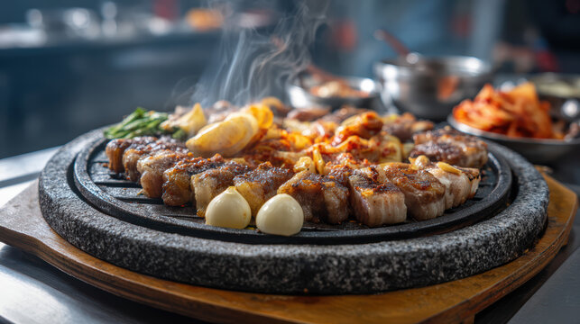 traditional korean barbecue samgyeopsal sizzling on grill
