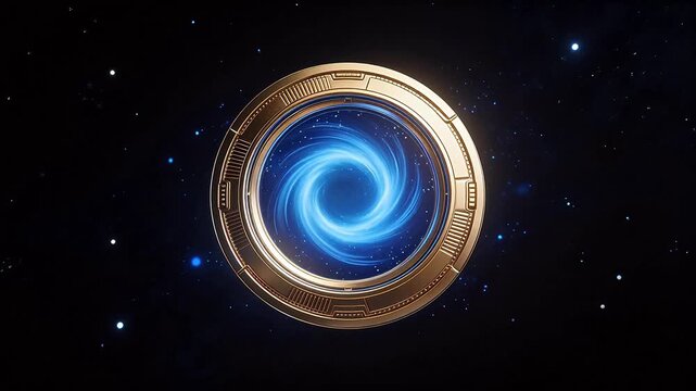Golden portal with blue vortex in space