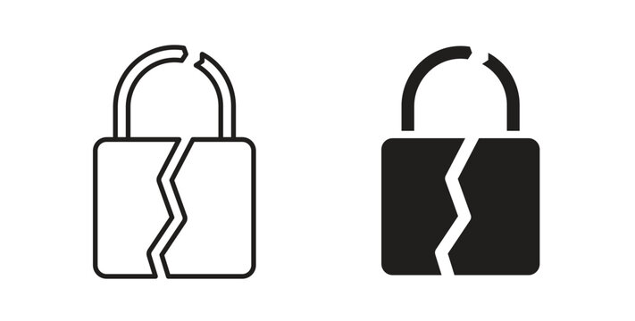 Broken lock icon line style collection. Simple black solid icons