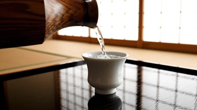 Japanese Sake Being Poured into a Small Ceramic Cup, Traditional Presentation on a Lacquered Table