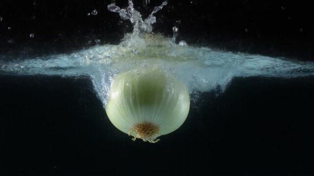 Onion submerged underwater with splash effect isolated on bl
