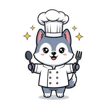 A cartoon wolf wearing a chef hat and coat isolated on transparent background