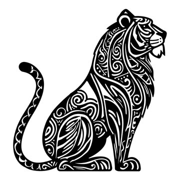 Ornate black and white tiger in profile with decorative swirling tribal patterns and stylized stripes
