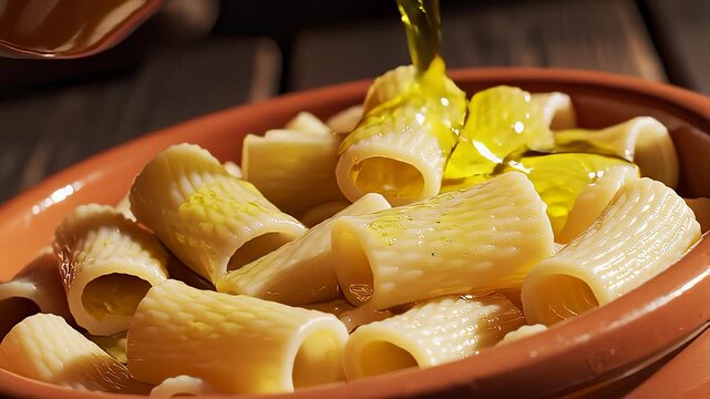 Drizzling Golden Olive Oil Over Rigatoni In Clay Dish Tonight