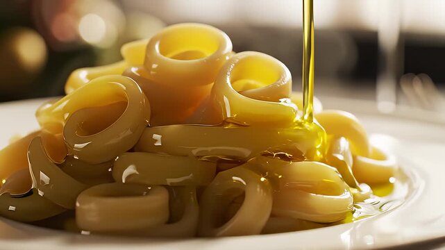 Drizzling Golden Olive Oil Over Loop Pasta Plate Tonight