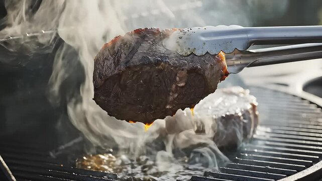 Searing Juicy Steaks Over Fiery Grill Flames For Dinner