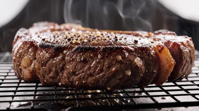 Carefully Searing Thick Steak As Steam Rises From Grill Rack