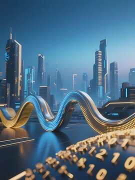 Futuristic cityscape with glowing digital wave and binary code on reflective surface