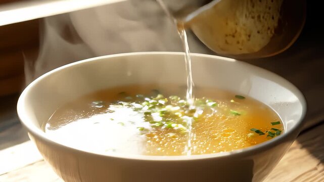 Pouring Scallion Broth Into Steaming Ceramic Bowl Slowly