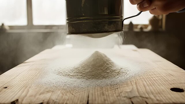 Sifting Flour Over Rustic Wood Table To Build Baking Base
