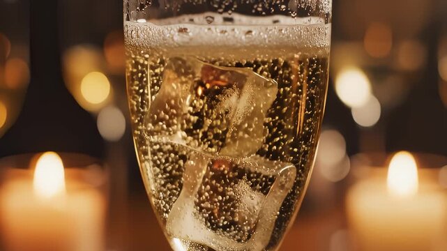 Celebratory Champagne Glass Glows As Bubbles Rise In Flickering Light
