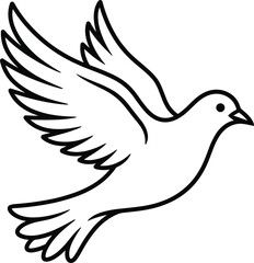 Fototapeta premium Dove bird line art illustration, flying pigeon symbol of peace, spiritual hope icon, religious baptism element, simple minimal wing vector, freedom concept design