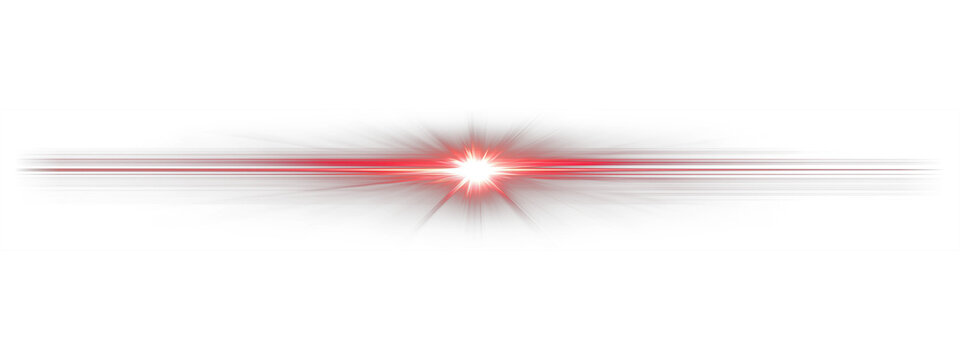 Realistic red anamorphic lens flare with horizontal light streak and luminous central glow on transparent background, red lens flare PNG