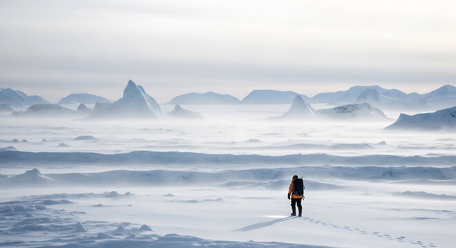 Explorer in orange winter clothing and a backpack hikes across a vast frozen arctic landscape with mist and dramatic ice peaks under a cloudy sky.