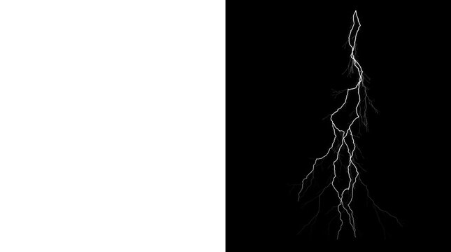 Realistic white lightning bolts and electrical discharge, cinematic thunderbolt strikes on transparent background for weather effects