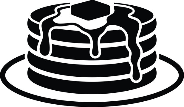 Solid silhouette vector of delicious pancakes stack with melting butter, maple syrup, breakfast food icon, minimalist flat design illustration, pancake, flapjack, hotcake, crepe.