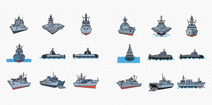 Set of various military ships and submarines in different views, vector illustration.