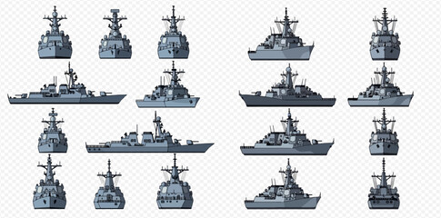 Set of pixel art naval warships, destroyers, and frigates in various views, isolated on a transparent background. © ArtLuna Studio