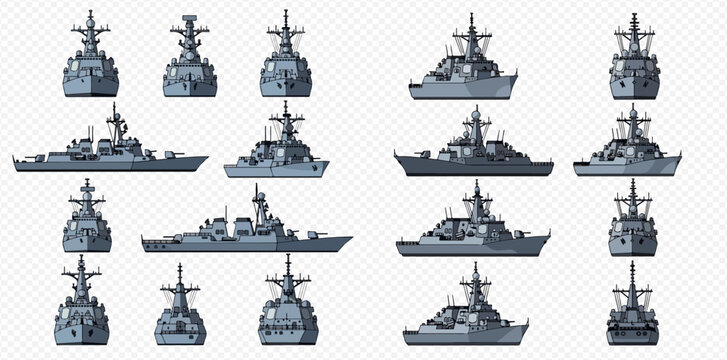 Set of pixel art naval warships, destroyers, and frigates in various views, isolated on a transparent background.