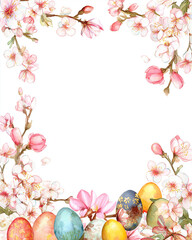 Obraz premium Spring Blossom Border With Easter Eggs, Floral Frame On White Background