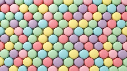 Fototapeta premium A vibrant top-down view of round French macarons arranged in a dense, colorful pattern. Features a variety of pastel shades like mint, pink, yellow, and lavender.