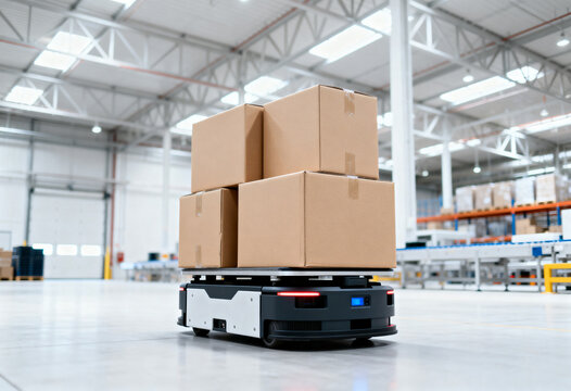 A self-driving robot transports stacked packages within a large industrial storage facility, showcasing automation.