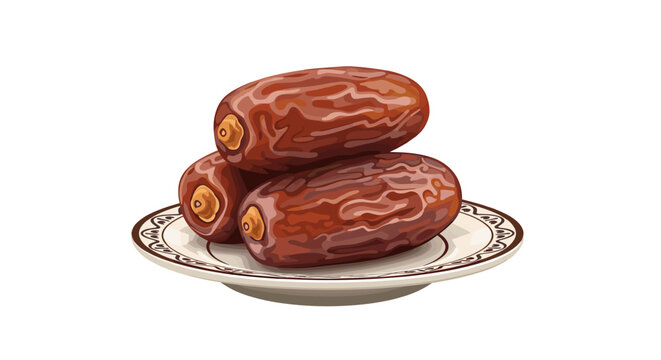 Three ripe, brown dates arranged on a small, ornate porcelain plate, isolated against a clean white background, showcasing a healthy and delicious snack.