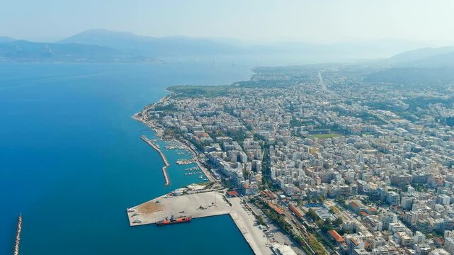Patras, Greece. Central part of the city in summer. Sunny day. Drone footage
