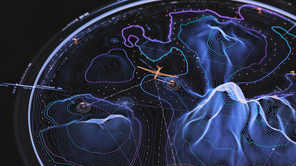 Flight navigation visualization, aircraft over glowing terrain mesh and trajectory paths © eriksvoboda