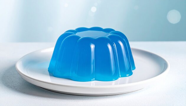 Transparent blue jelly dessert glossy texture white ceramic plate minimal aqua backdrop