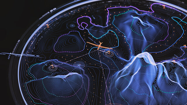 Flight navigation visualization, aircraft over glowing terrain mesh and trajectory paths