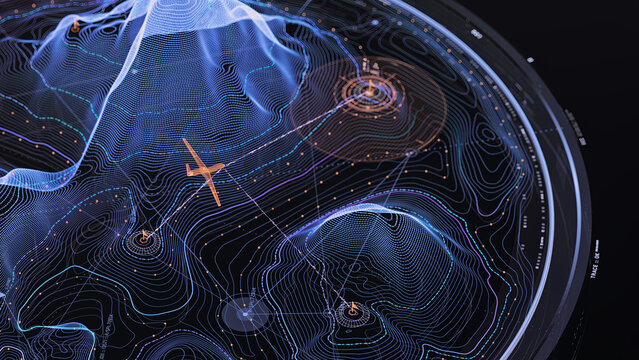 Advanced drone control interface showing digital topographic map and target acquisition.