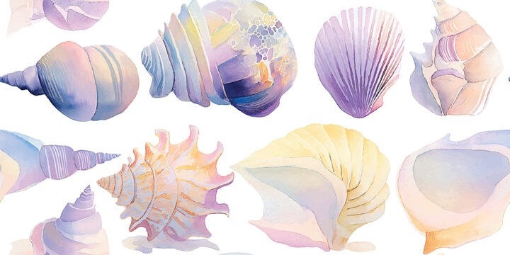 Elegant watercolor seashell seamless pattern with soft pastel colors for beach home decor, textiles, and stationery.