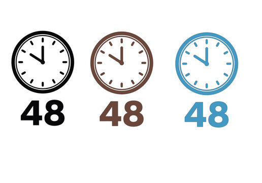 Forty eight hour delivery icons with analog clocks in three colors