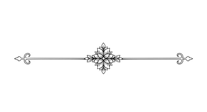 Beautiful black line divider with an intricate floral ornament centerpiece and symmetrical decorative scrollwork at each end, versatile vector graphic on transparent background. 