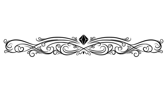 Elegant black and white decorative divider banner featuring swirling antique floral scrolls and a central diamond shape on transparent background