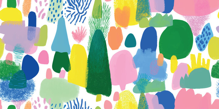 A playful and modern seamless pattern composed of abstract forest and plant shapes painted in a textured gouache style. Featuring a bright palette of pink, blue, green, and yellow, stationery