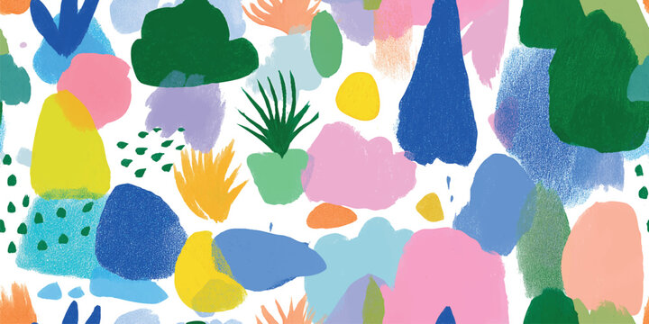 A playful and modern seamless pattern composed of abstract forest and plant shapes painted in a textured gouache style. Featuring a bright palette of pink, blue, green, and yellow, stationery