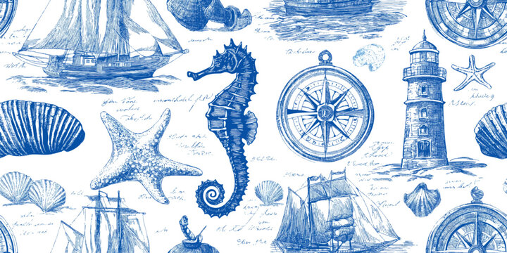 A traditional blue and white nautical toile seamless pattern featuring detailed sketches of sailing ships, lighthouses, compass roses, and sea creatures