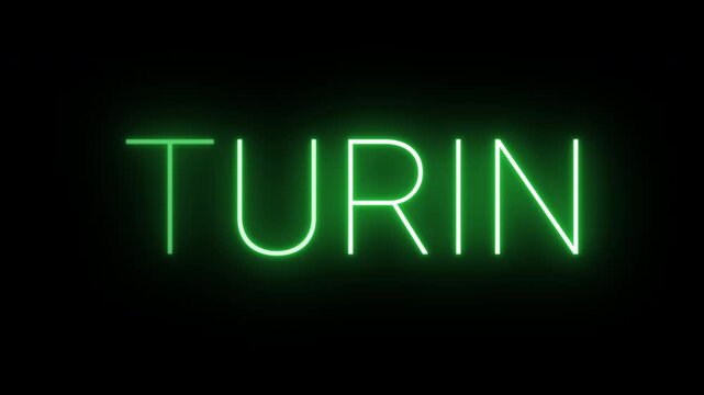 Flickering neon green glowing turin sign animated on black background.
