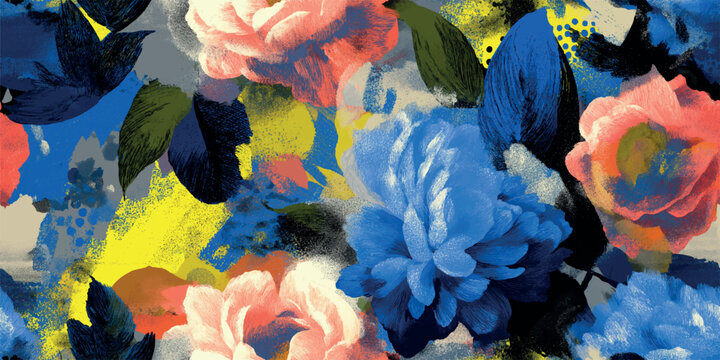 An edgy, high-contrast seamless pattern blending large blue and white peonies with neon yellow leaves and urban grit textures. perfect for modern streetwear, skate culture branding.