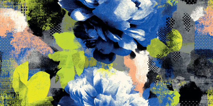 An edgy, high-contrast seamless pattern blending large blue and white peonies with neon yellow leaves and urban grit textures. perfect for modern streetwear, skate culture branding.