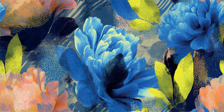 An edgy, high-contrast seamless pattern blending large blue and white peonies with neon yellow leaves and urban grit textures. perfect for modern streetwear, skate culture branding.