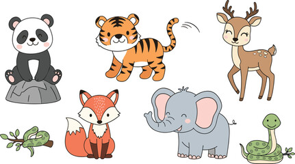 Obraz premium Cute Wild Animal Vector Set Featuring Panda, Tiger, Fox, Elephant, Deer, and Snake for Children’s Illustrations