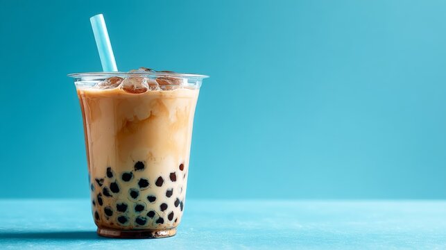 Refreshing bubble tea with tapioca pearls in a clear cup against a bright blue background
