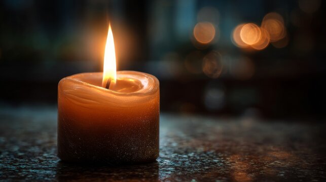 Warm Amber Candle Flame Illuminating a Cozy Atmosphere in a Darkened Room