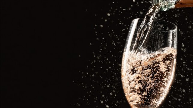 Sparkling Beverage Being Poured into a Glass with Bubbling Effervescence in a Dark Background